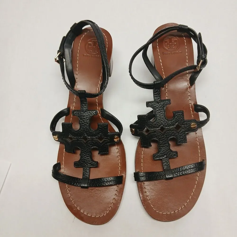 Tory Burch Black Leather Double T Logo Block Heel Ankle Strap Sandals Women's 11